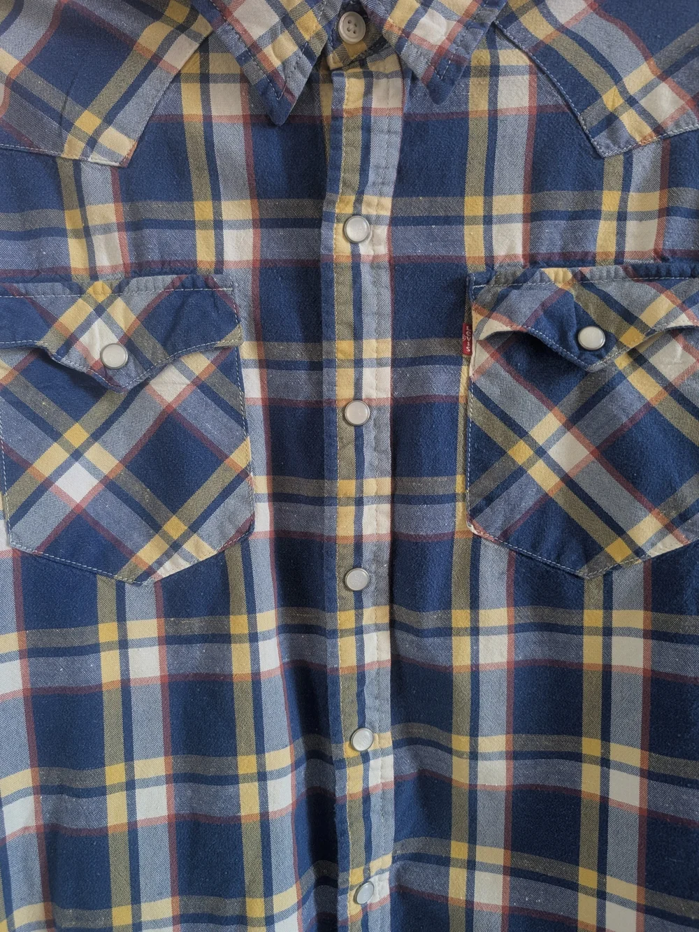Levi's Mens Western Shirt Pearl Snap Plaid Blue Yellow White Yoke Large L 66986